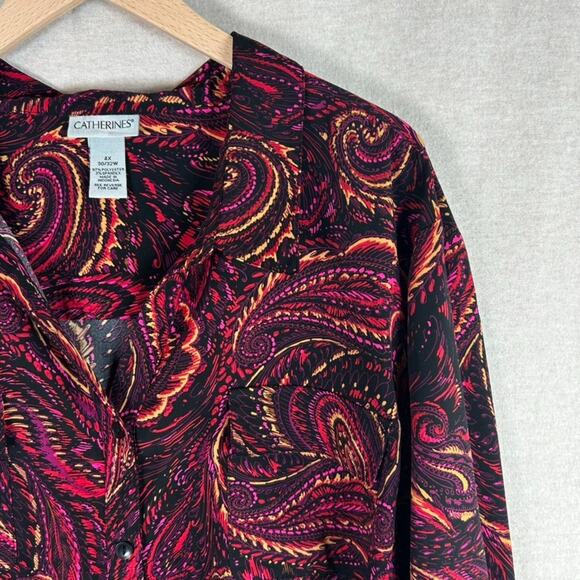 Catherines Womens Button Up Top Size 4X Paisley Modest Office Career Fall Artsy - Picture 2 of 9